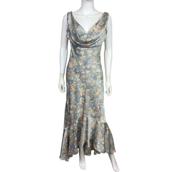 Denim & Supply Ralph Lauren Women's 8 Blue Satin Floral Bias Cut Maxi Dress GUC - Picture 1 of 5